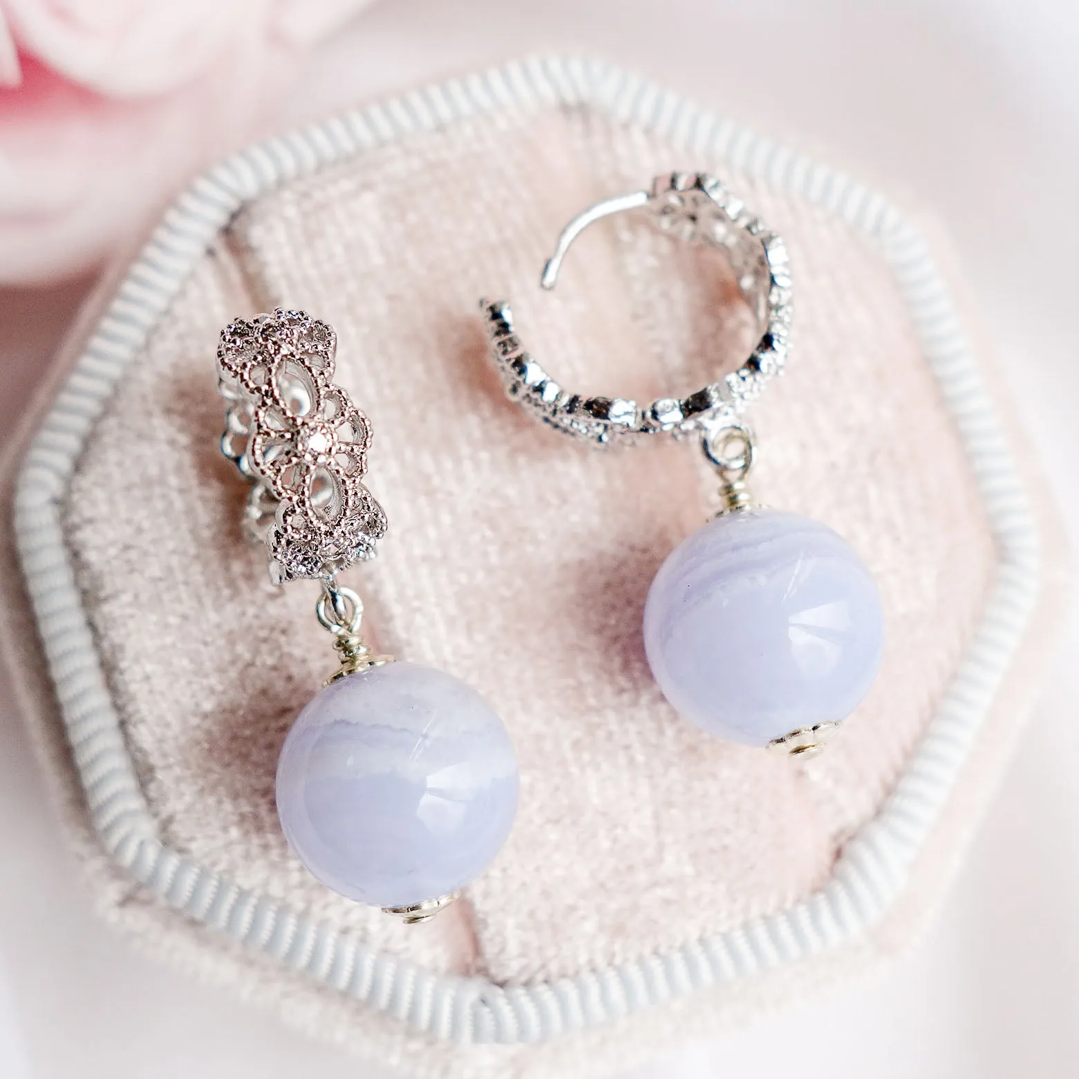 Intricate Ear Hoops with Blue Lace Agate Bead