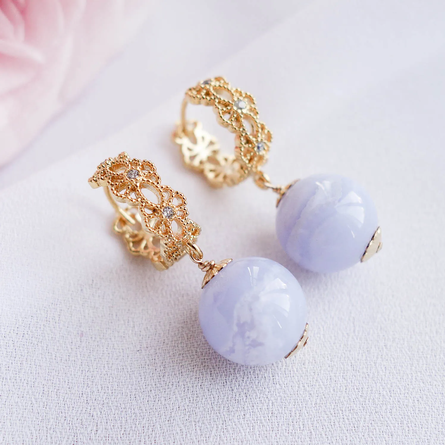 Intricate Ear Hoops with Blue Lace Agate Bead