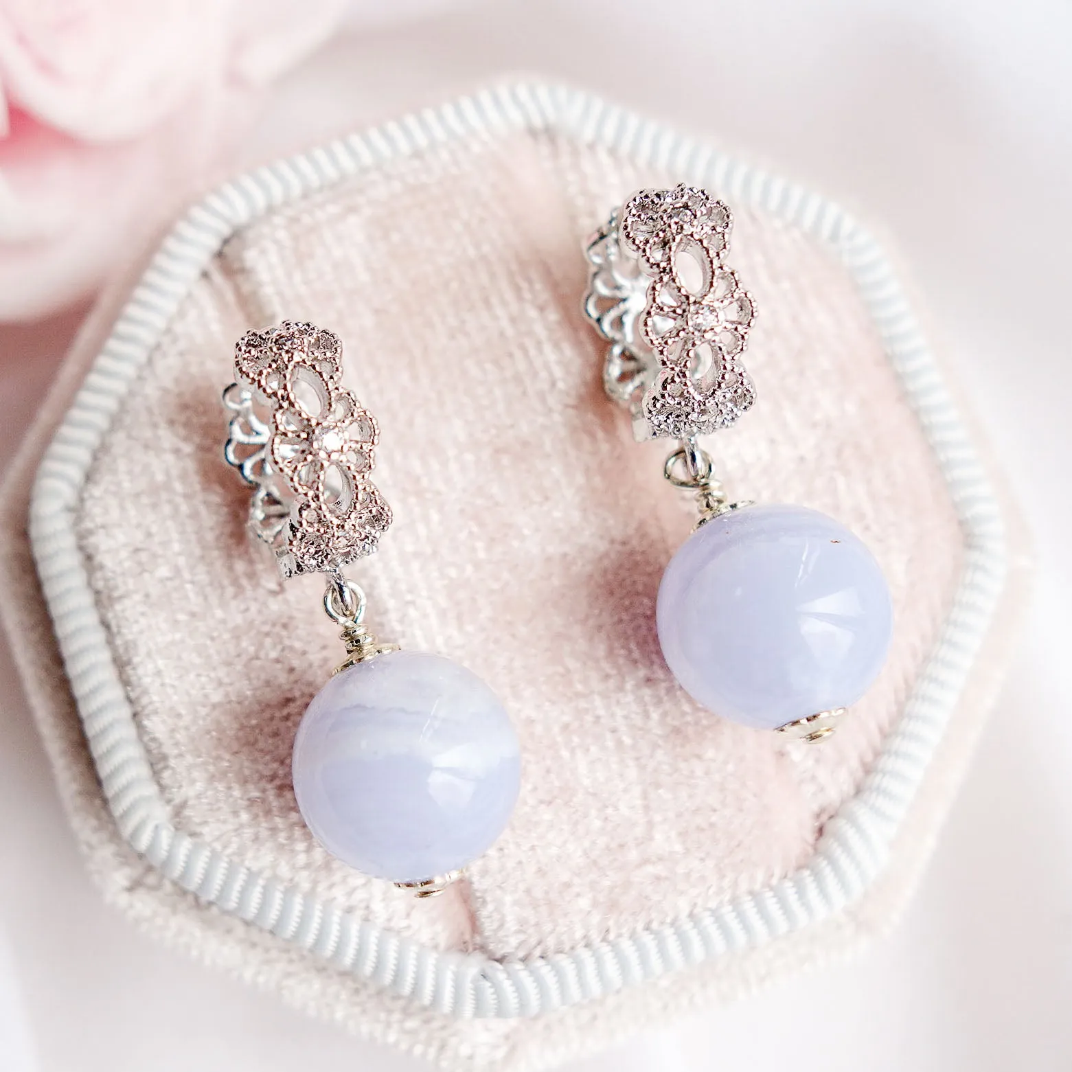 Intricate Ear Hoops with Blue Lace Agate Bead