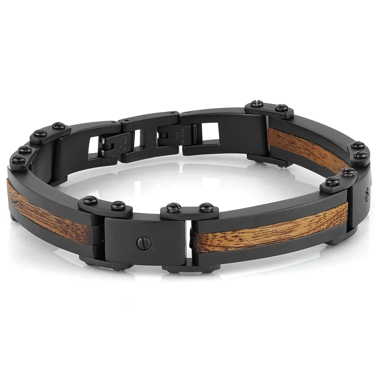 Italgem Stainless Steel 3-Piece Wood Inlay Matte Finish Bracelet