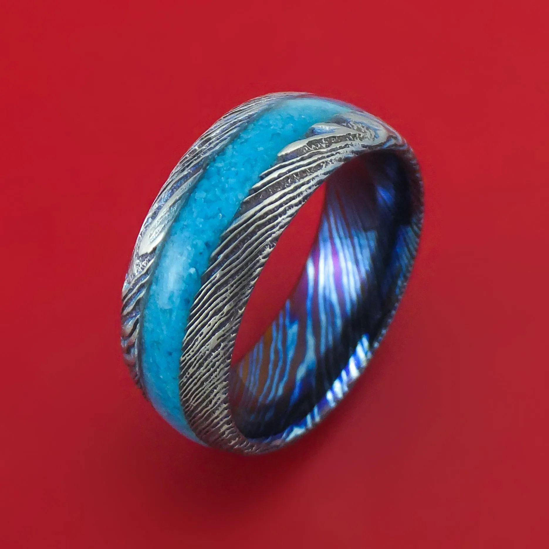Kuro-Ti Twisted Titanium Etched and Heat-Treated Ring with Stone Inlay Custom Made Band