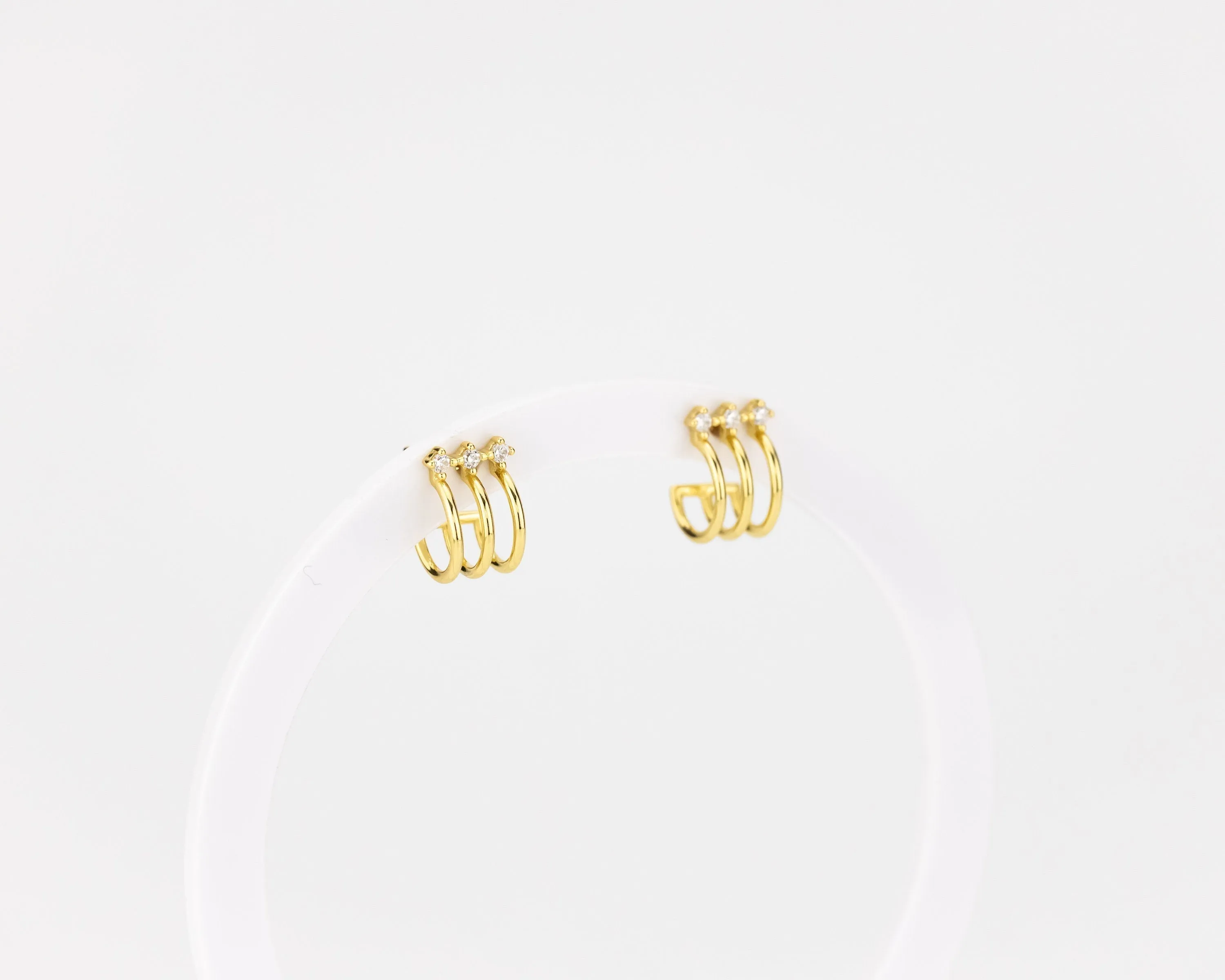 Layered cz mini hoop, 3 layer, 3 cz, huggie hoop earrings, dainty, stacked, small, gold hoop earring, tiny cz, boho hoops, bridal gift, 925