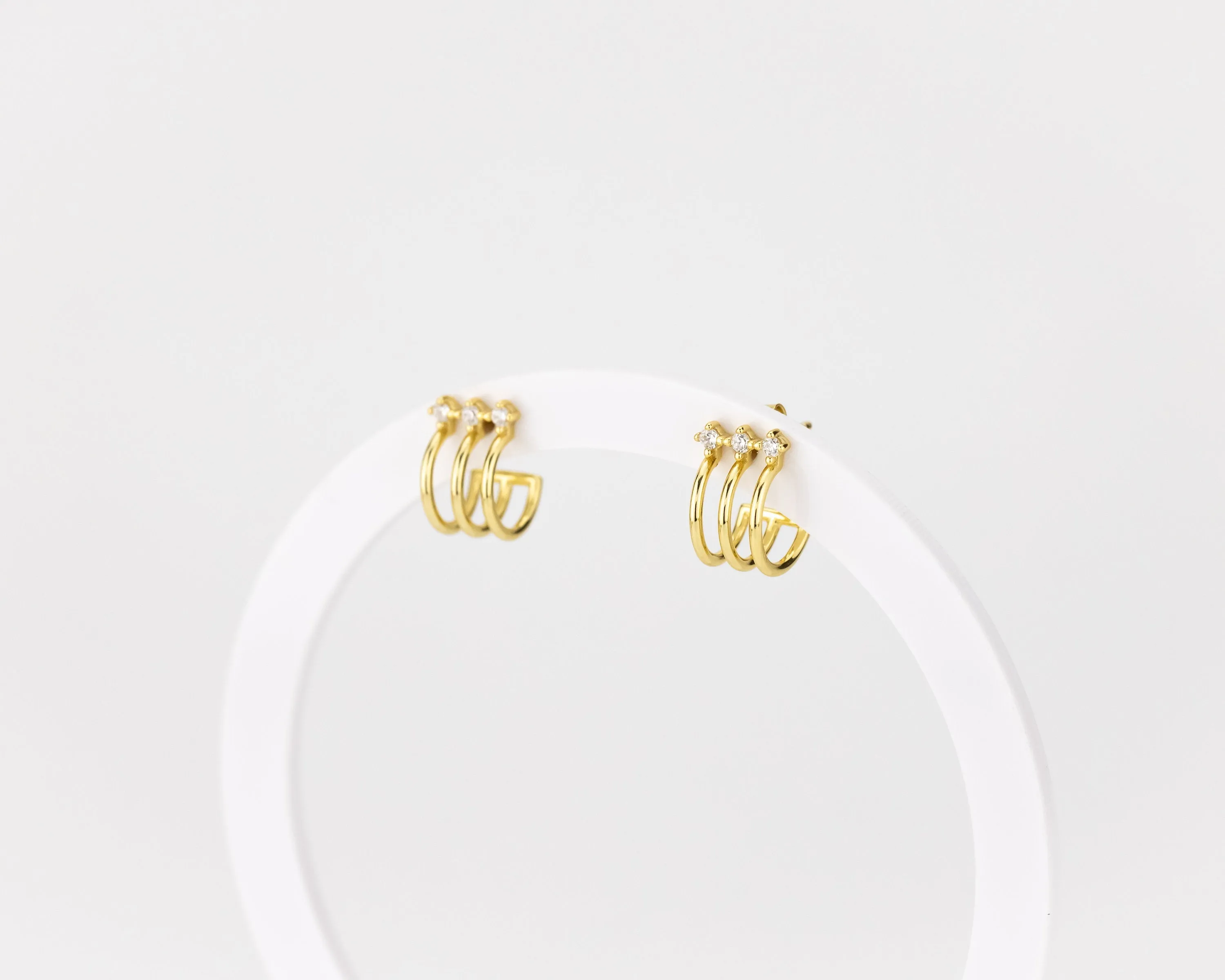 Layered cz mini hoop, 3 layer, 3 cz, huggie hoop earrings, dainty, stacked, small, gold hoop earring, tiny cz, boho hoops, bridal gift, 925