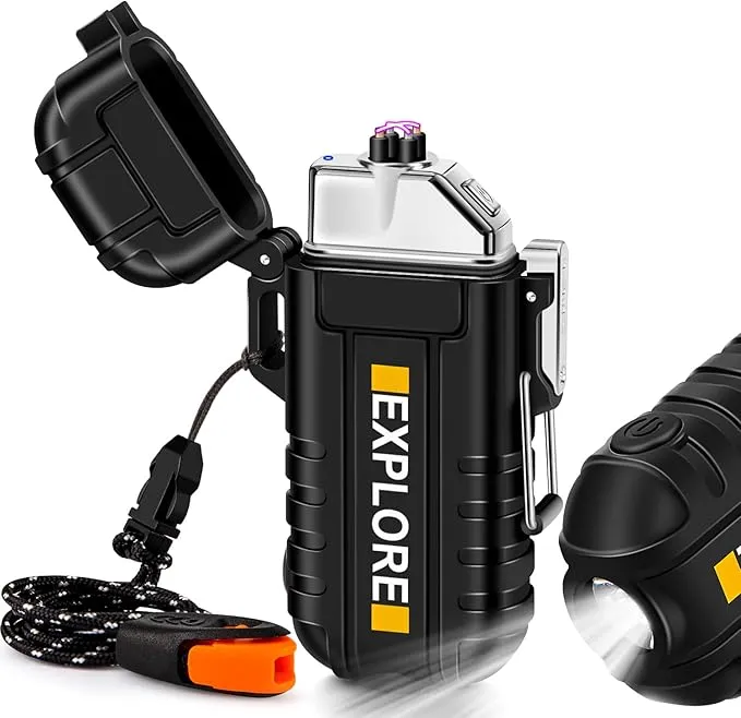 LcFun Arc Lighter Waterproof Electric Lighter USB Type C Rechargeable Lighter Dual Arc Plasma Lighter Flameless Windproof Lighter with Flashlight for Camping, Hiking, Outdoor Survival, Tactical Gear