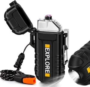 LcFun Arc Lighter Waterproof Electric Lighter USB Type C Rechargeable Lighter Dual Arc Plasma Lighter Flameless Windproof Lighter with Flashlight for Camping, Hiking, Outdoor Survival, Tactical Gear