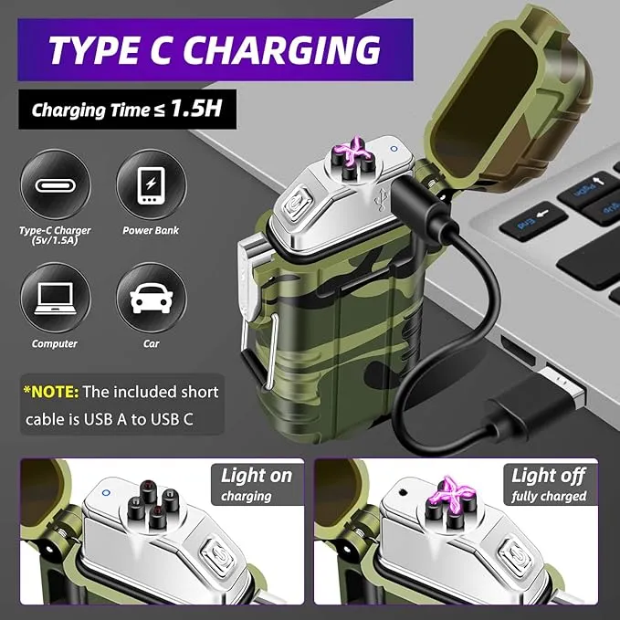 LcFun Arc Lighter Waterproof Windproof Lighter USB Type C Rechargeable Lighter Dual Arc Plasma Lighter Flameless Electric Lighter with Flashlight for Camping, Hiking, Outdoor Survival, Tactical Gear