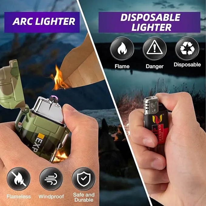 LcFun Arc Lighter Waterproof Windproof Lighter USB Type C Rechargeable Lighter Dual Arc Plasma Lighter Flameless Electric Lighter with Flashlight for Camping, Hiking, Outdoor Survival, Tactical Gear