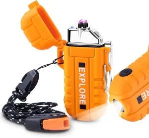 LcFun Arc Plasma Waterproof Lighter Electric Windproof Lighter USB Type C Rechargeable Flameless Cool Lighters with Flashlight and Whistle for Camping, Survival,Outdoor Adventure, Tactical (Orange)