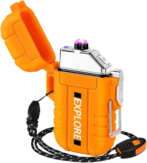 LcFun Electric Lighter USB C Rechargeable Lighter Windproof Arc Lighter Waterproof Flameless Dual Arc Plasma Lighters with Emergency Whistle for Adventure, Survival Tactical, Camping Gadgets (Orange)