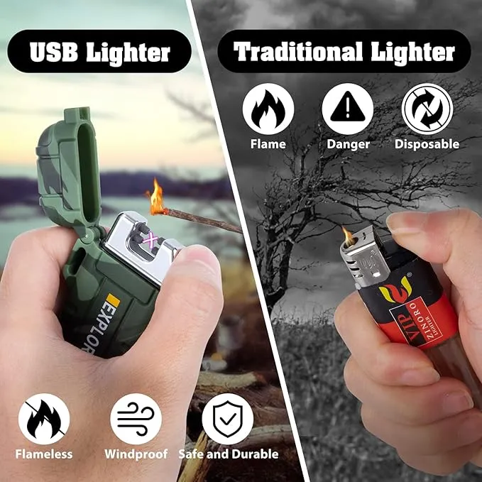 LcFun Waterproof Lighter Outdoor Windproof Lighter Dual Arc Lighter Electric Lighters USB Rechargeable Flameless Plasma Cool Lighters for Camping, Hiking, Adventure, Survival Tactical Gear