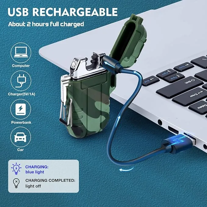 LcFun Waterproof Lighter Outdoor Windproof Lighter Dual Arc Lighter Electric Lighters USB Rechargeable Flameless Plasma Cool Lighters for Camping, Hiking, Adventure, Survival Tactical Gear