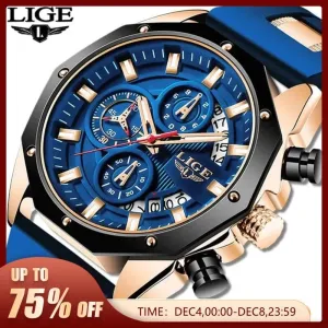 LIGE Fashion Men Watches Top Brand Luxury Silicone Sport Watch Men Quartz Date Clock Waterproof Wristwatch Chronograph Clock Man