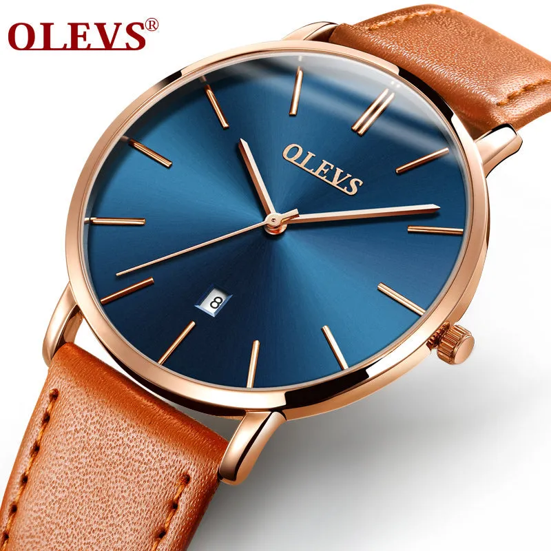 Men Watches Luxury Brand OLEVS Quartz Genuine Leather Strap Minimalist Ultrathin Wrist Watches Waterproof High Quality Relogio