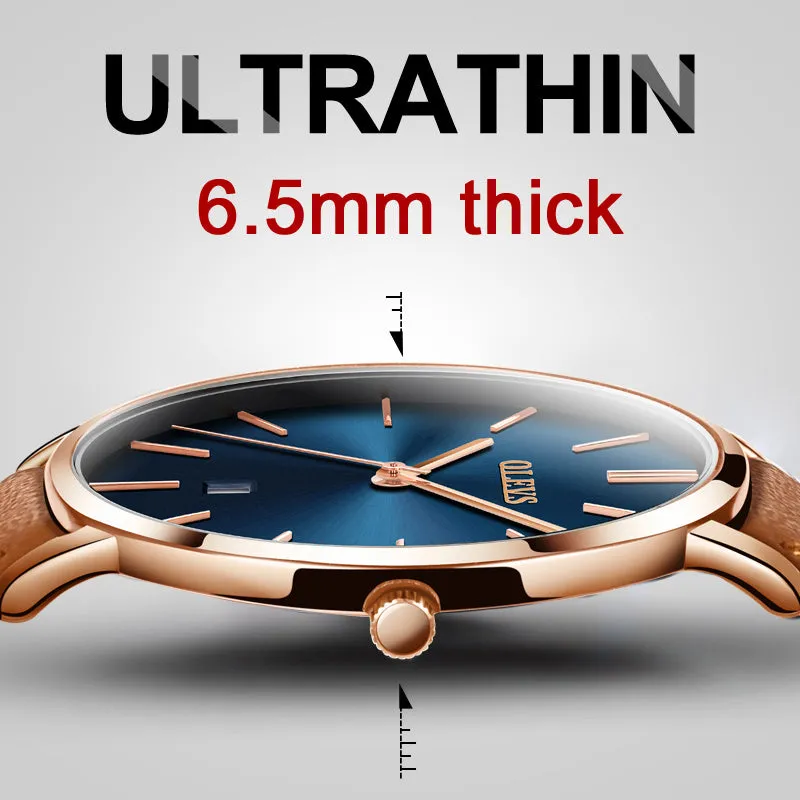 Men Watches Luxury Brand OLEVS Quartz Genuine Leather Strap Minimalist Ultrathin Wrist Watches Waterproof High Quality Relogio