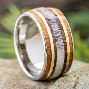 Men's Antler Wedding Band with Hardwood and Gold Pinstripes