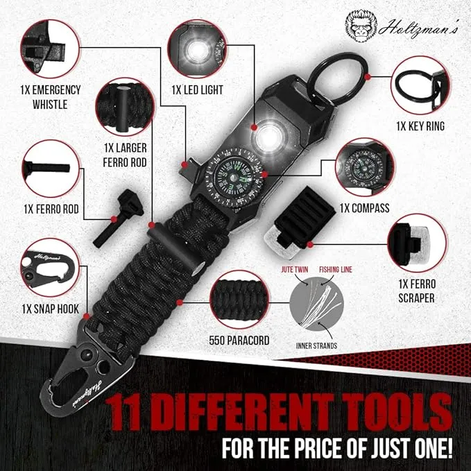 Men's Keychain | 11-in-1 LED Carabiner Lanyard Key Chain Fires Starter for Camping, Fishing, Hunting & Outdoor Emergencies Multipurpose Survival Tool Emergency Whistle, Flint Rod