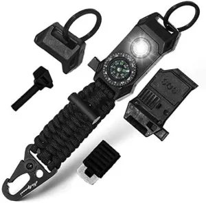 Men's Keychain | 11-in-1 LED Carabiner Lanyard Key Chain Fires Starter for Camping, Fishing, Hunting & Outdoor Emergencies Multipurpose Survival Tool Emergency Whistle, Flint Rod