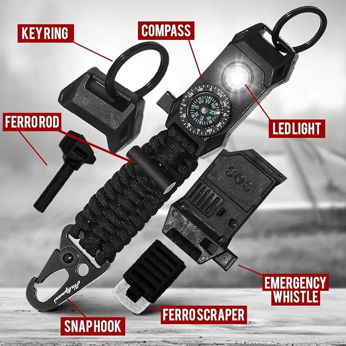 Men's Keychain | 11-in-1 LED Carabiner Lanyard Key Chain Fires Starter for Camping, Fishing, Hunting & Outdoor Emergencies Multipurpose Survival Tool Emergency Whistle, Flint Rod
