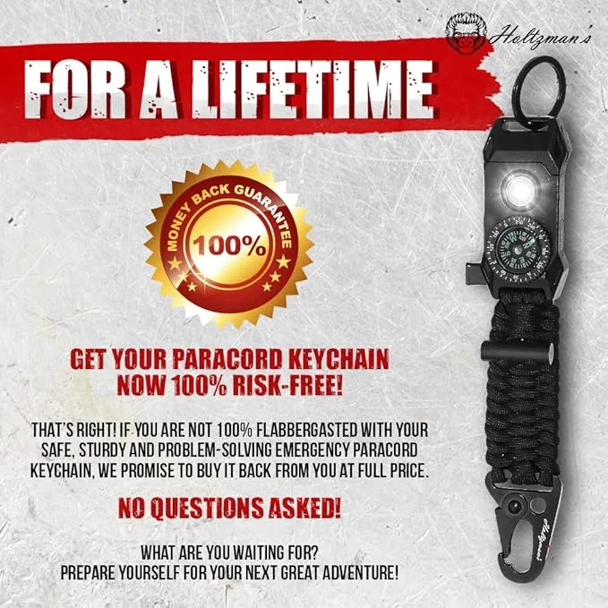 Men's Keychain | 11-in-1 LED Carabiner Lanyard Key Chain Fires Starter for Camping, Fishing, Hunting & Outdoor Emergencies Multipurpose Survival Tool Emergency Whistle, Flint Rod