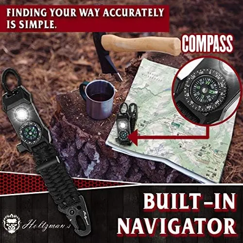 Men's Keychain | 11-in-1 LED Carabiner Lanyard Key Chain Fires Starter for Camping, Fishing, Hunting & Outdoor Emergencies Multipurpose Survival Tool Emergency Whistle, Flint Rod