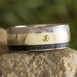 Meteorite Wedding Band for Men with Peridot and White Gold