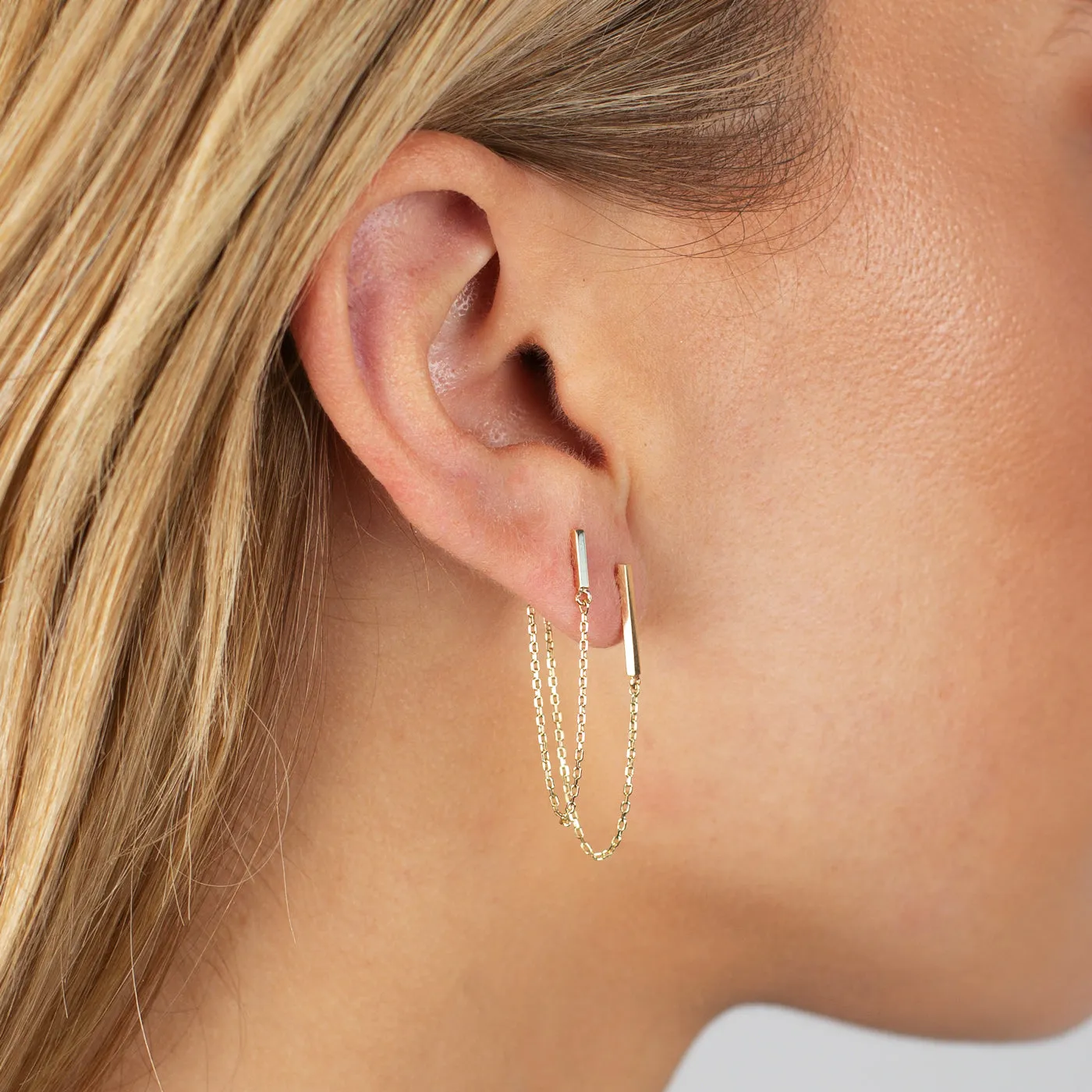 Mini Bar Chain Front Back Drop Stud Earring 14K
