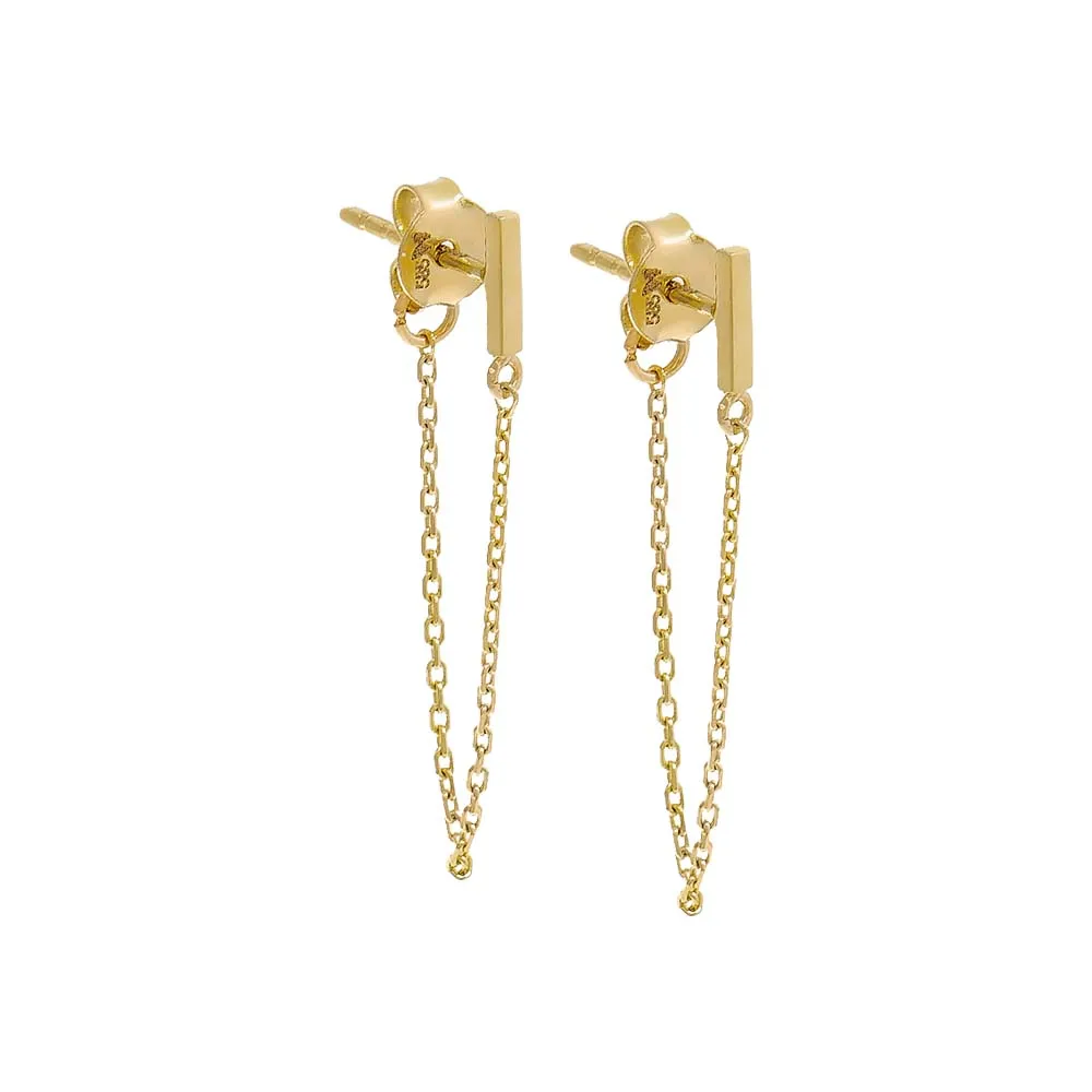 Mini Bar Chain Front Back Drop Stud Earring 14K