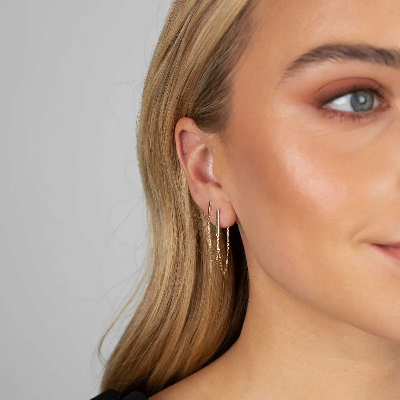 Mini Bar Chain Front Back Drop Stud Earring 14K