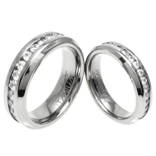 Mirror Polished Titanium 1.0-1.6 Carat CZ Eternity Ring. Available in 5mm and 7mm. Couple Ring.
