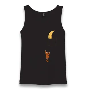 Monkey Climbing for Banana in the Pocket Unisex Black Tank Top