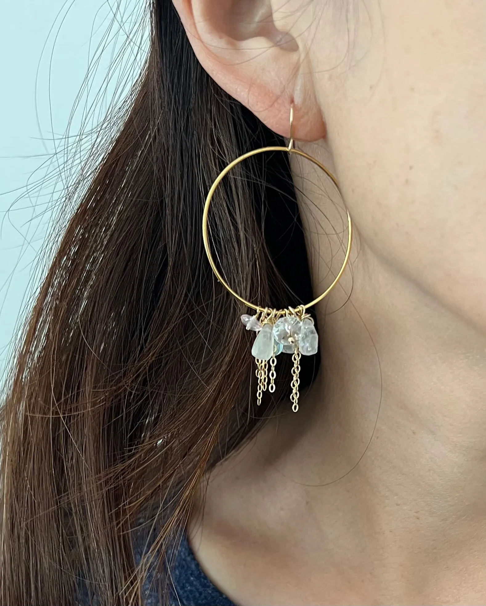 Multi Stones Chain Hoop Earrings