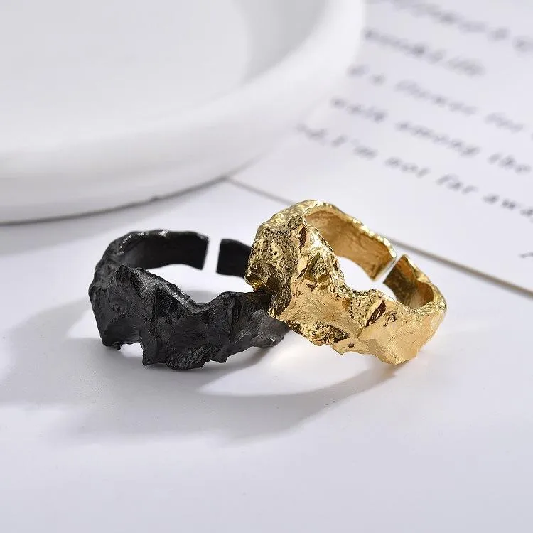 New Niche Design Pleated Irregular Ring Golden Personality Hip Hop Titanium Steel Opening Meson Factory Outlet