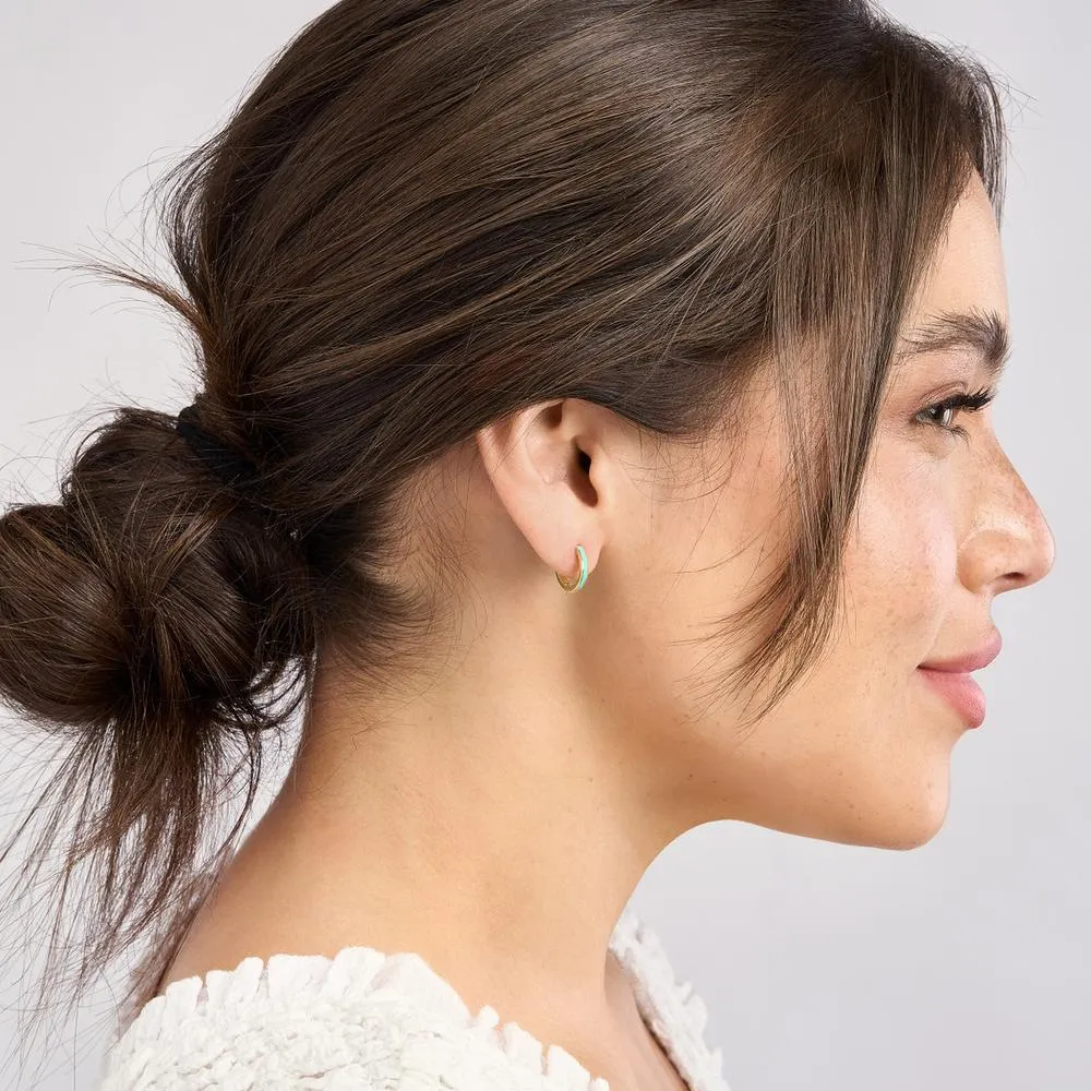 Olas d'Oro - 14K Yellow Gold Turquoise Enamel Baby Hoop Earrings with Snap-Lock Clasp