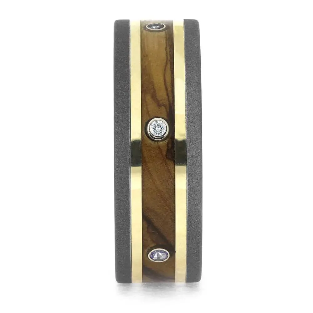 Olive Wood Eternity Band with Moissanites and Yellow Gold