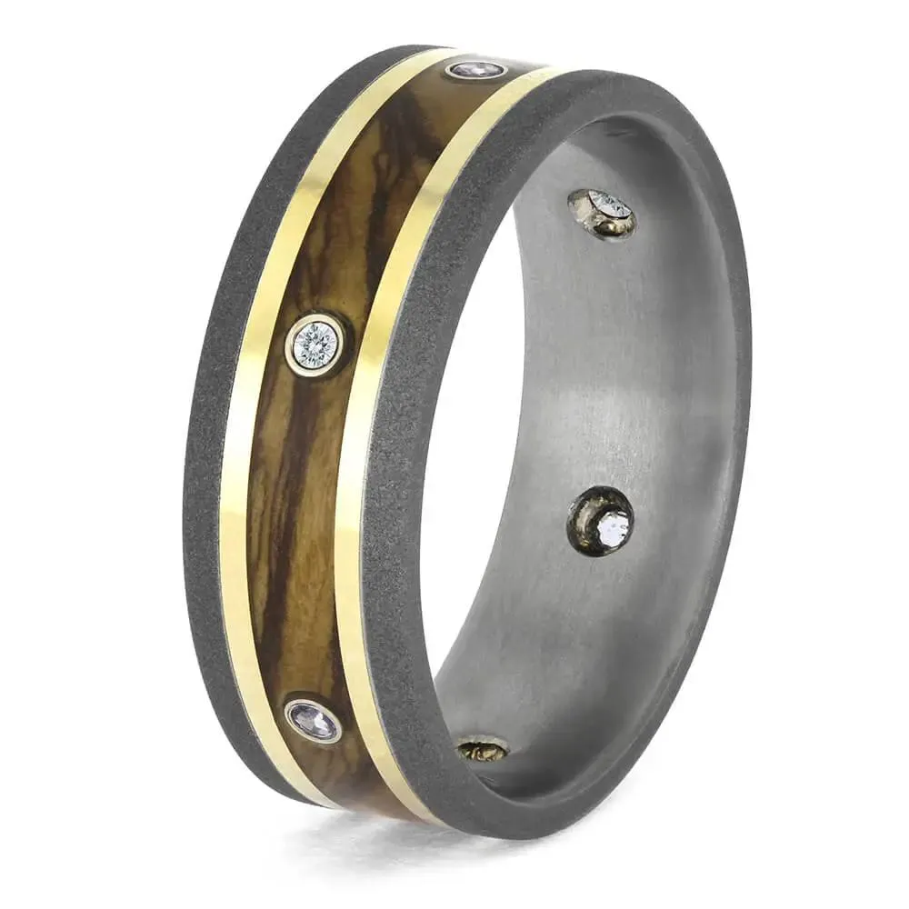 Olive Wood Eternity Band with Moissanites and Yellow Gold