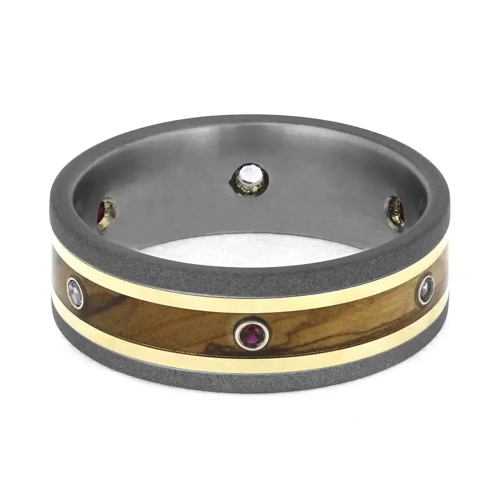 Olive Wood Eternity Band with Moissanites and Yellow Gold