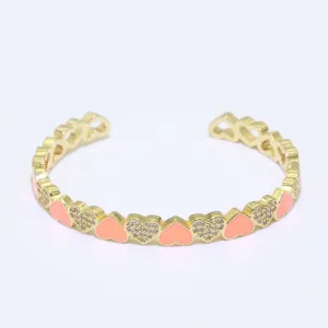 Orange Heart Enamel 14k Gold Filled Adjustable Bangle, Gold Cuff Bangle Bracelet Micro Pave Jewelry