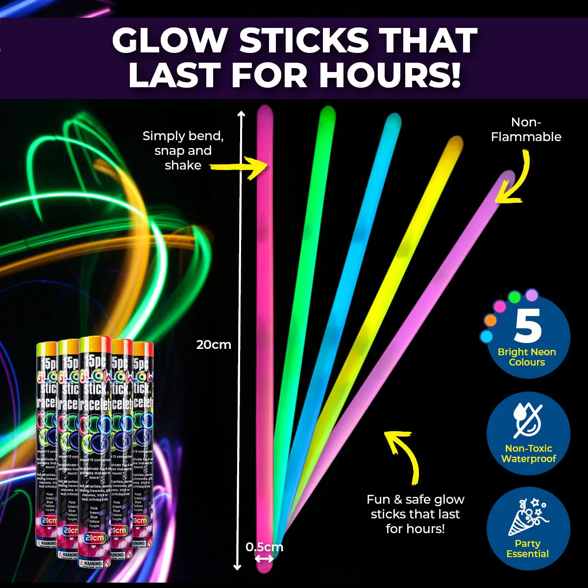 Party Central 540PCE Glow Stick Bracelets Bright Long Lasting Colours 20cm