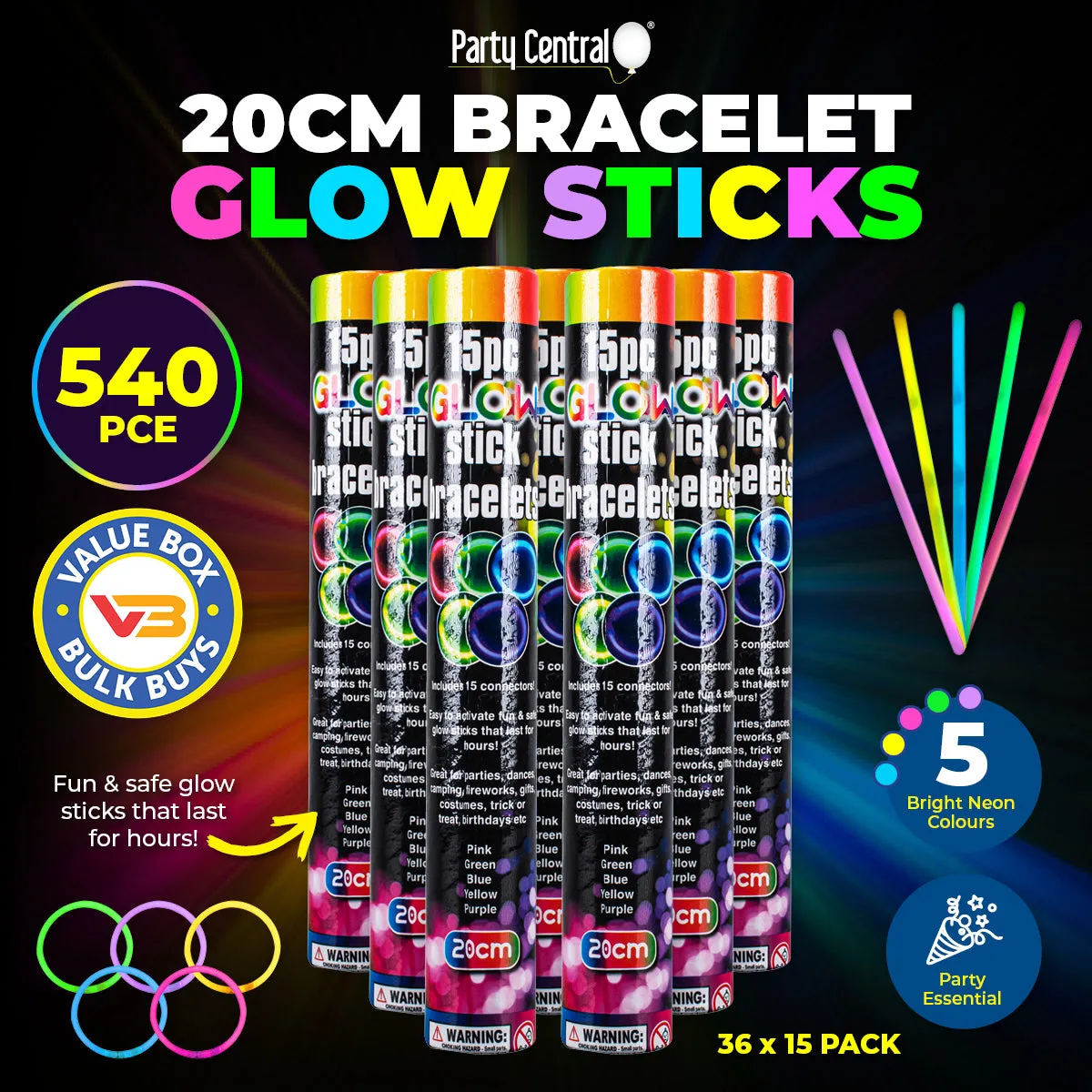 Party Central 540PCE Glow Stick Bracelets Bright Long Lasting Colours 20cm