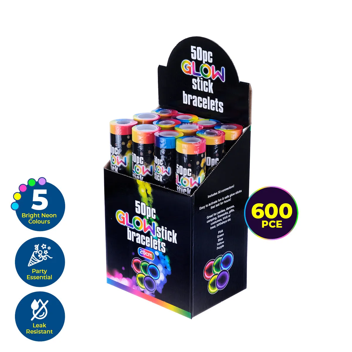 Party Central 600PCE Glow Stick Bracelets Bright Long Lasting Colours 20cm