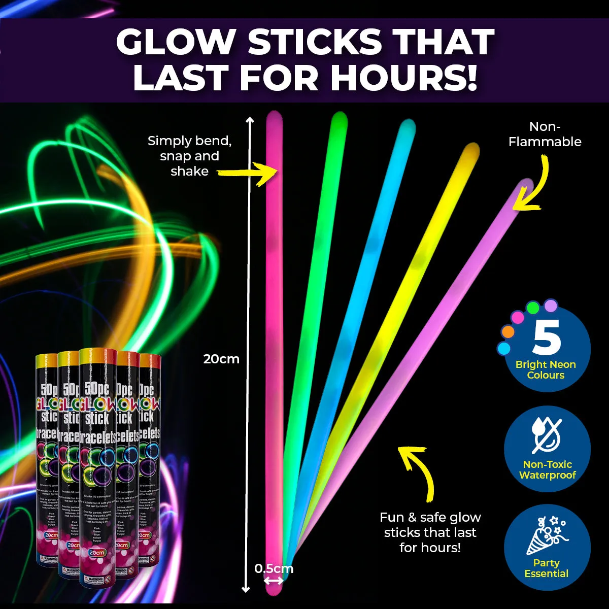 Party Central 600PCE Glow Stick Bracelets Bright Long Lasting Colours 20cm