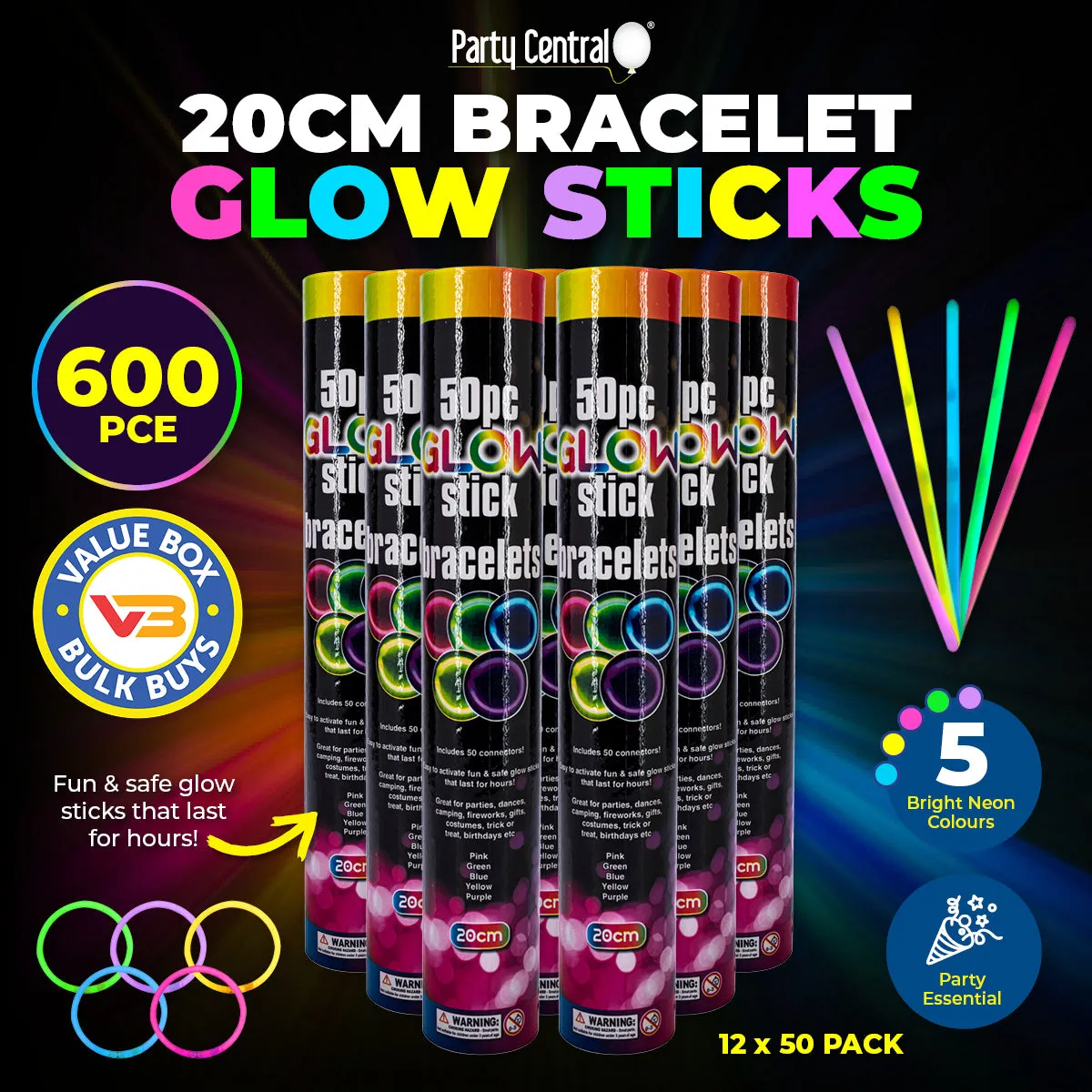 Party Central 600PCE Glow Stick Bracelets Bright Long Lasting Colours 20cm