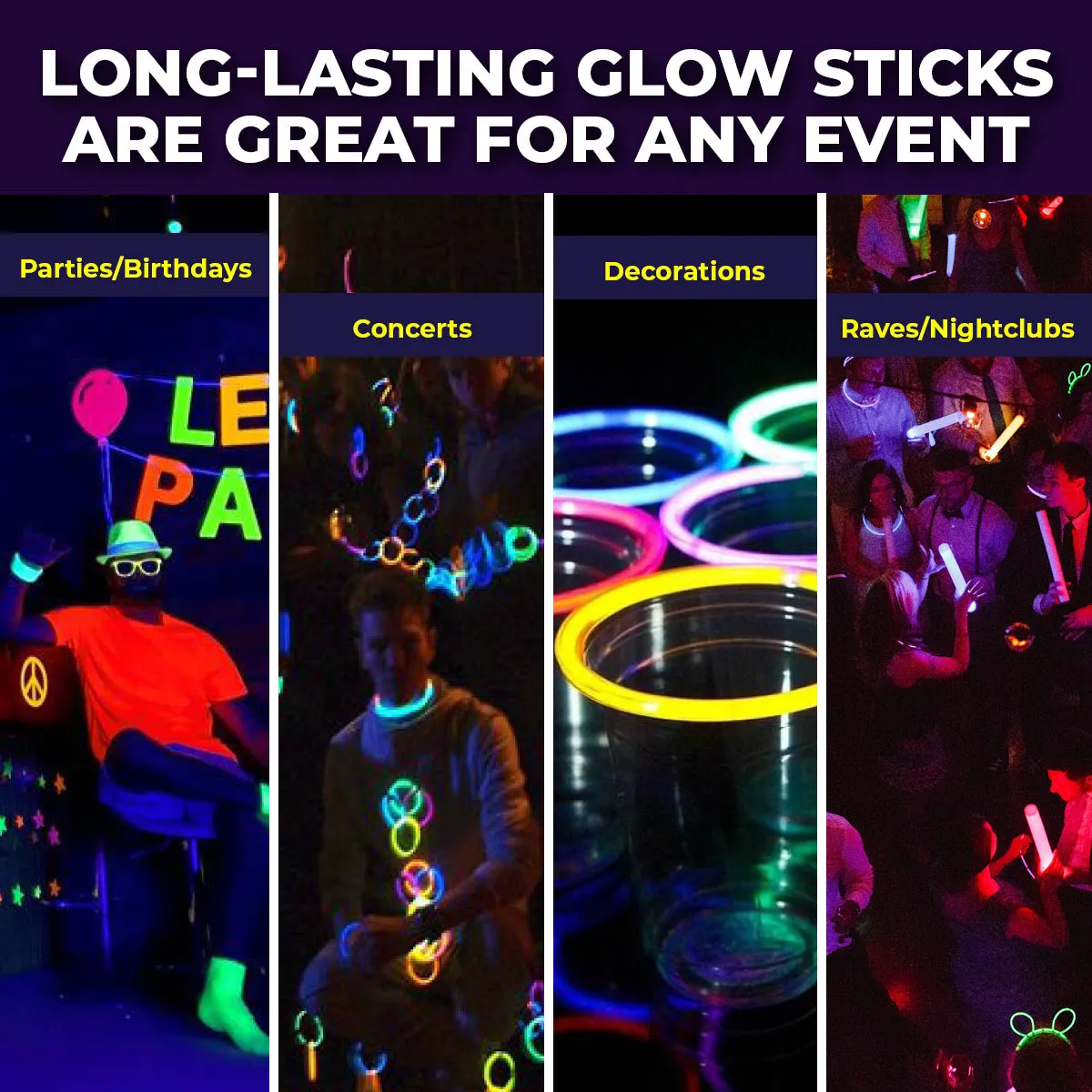 Party Central 600PCE Glow Stick Bracelets Bright Long Lasting Colours 20cm