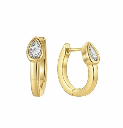 Pear CZ Stone Small Hoop Earrings - 18k Gold Plated Stainless, 14mm Length & Width, Water & Tarnish Resistant