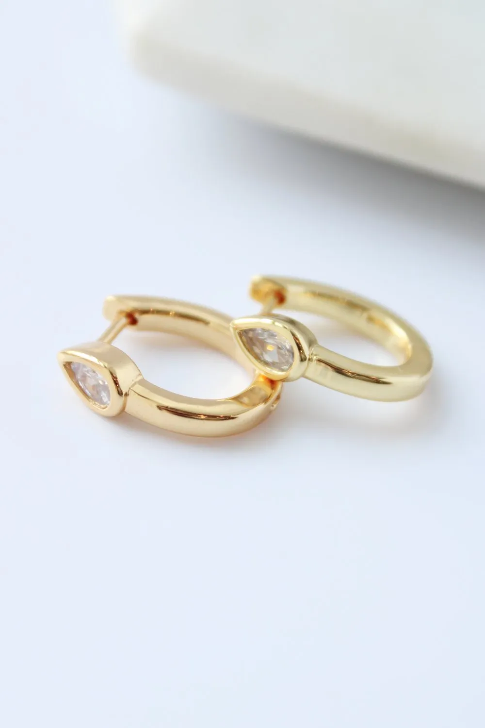 Pear CZ Stone Small Hoop Earrings - 18k Gold Plated Stainless, 14mm Length & Width, Water & Tarnish Resistant