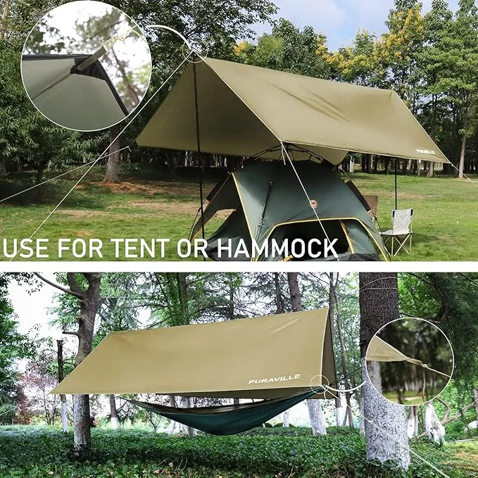 Puraville Camping Tarp Waterproof, Hammock Rain Fly Tent Tarp - 10 10 ft Rectangle Lightweight Camping Tarps, Portable Rain Fly for Camping Backpacking (Khaki)