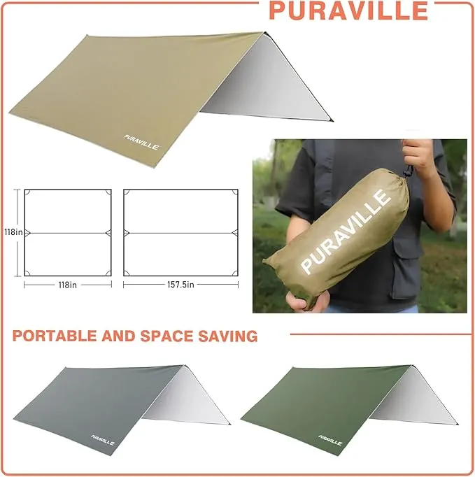 Puraville Camping Tarp Waterproof, Hammock Rain Fly Tent Tarp - 10 10 ft Rectangle Lightweight Camping Tarps, Portable Rain Fly for Camping Backpacking (Khaki)