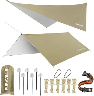 Puraville Camping Tarp Waterproof, Hammock Rain Fly Tent Tarp - 10 10 ft Rectangle Lightweight Camping Tarps, Portable Rain Fly for Camping Backpacking (Khaki)