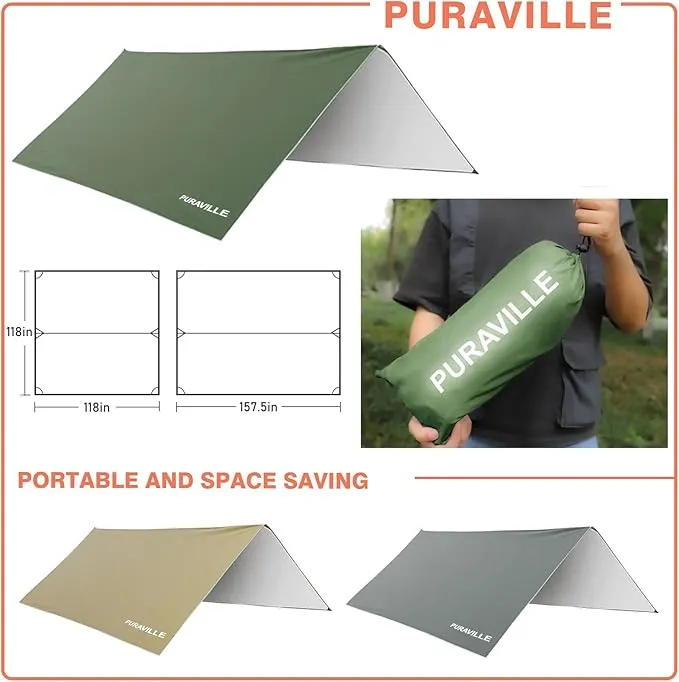 Puraville Camping Tarp Waterproof, Hammock Rain Fly Tent Tarp - 12 10 ft Rectangle Lightweight Camping Tarps, Portable Rain Fly for Camping Backpacking (Green)