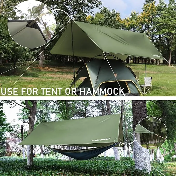 Puraville Camping Tarp Waterproof, Hammock Rain Fly Tent Tarp - 12 10 ft Rectangle Lightweight Camping Tarps, Portable Rain Fly for Camping Backpacking (Green)